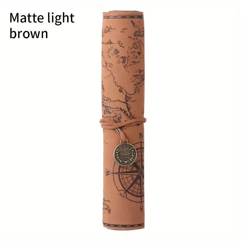 Creative Retro Leather Pencil Case – Large Capacity Roll-Up Bag with Embossed Treasure Map & Buckle Closure