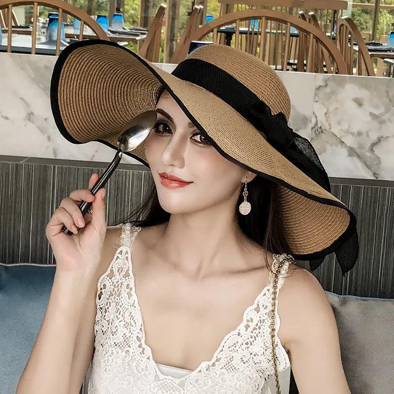 Women’s Foldable Summer Straw Hat – Beach & Travel Sun Visor with UV Protection, Bucket Cap Panama Style