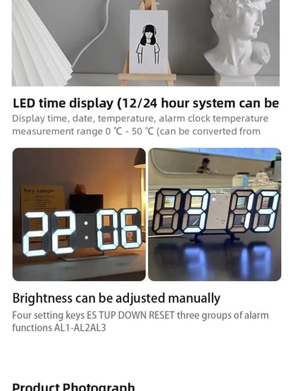 3D LED Digital Wall Clock – Luminous Multifunctional USB Plug-In Electronic Clock for Home Decoration