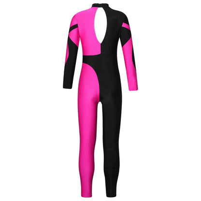 Kids Girls Long Sleeve Rhinestone Bodysuit — Full Body Dancewear Gymnastics Leotard Skating Jumpsuit