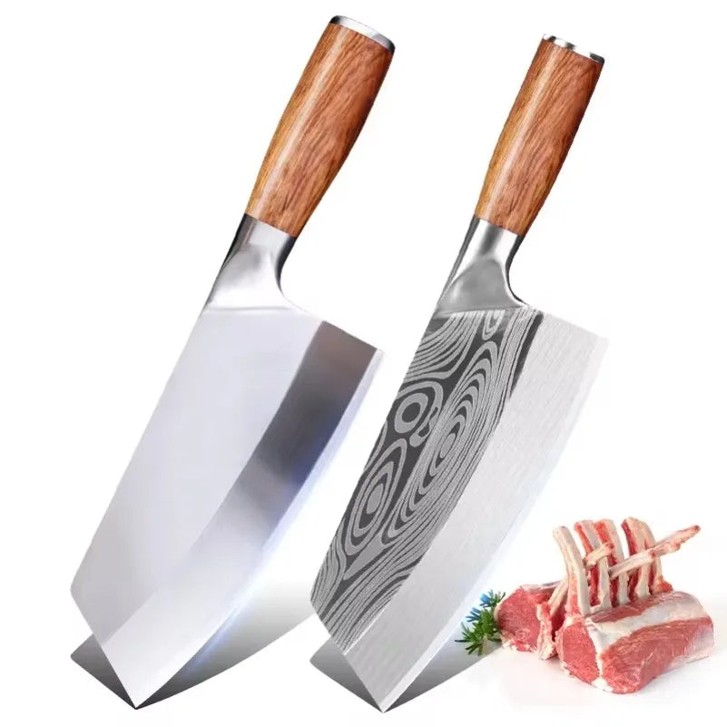 Stainless Steel Cleaver Kitchen Knife – Wooden Handle Utility Knife for Slicing Fish, Vegetables & Meat