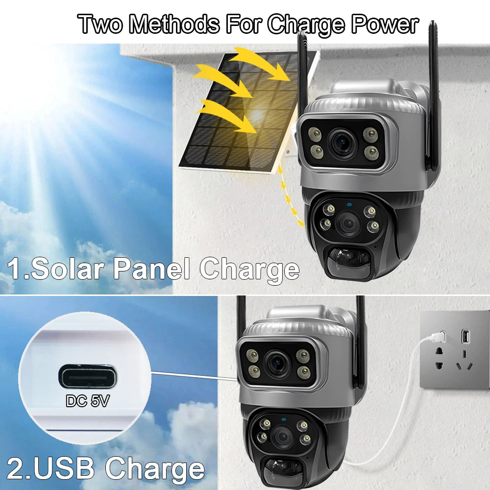 V380 Dual-Lens 4G Security Camera — 8MP 4K Solar IP Cam with PIR Motion Detection, Night Vision, Waterproof, Battery-Powered CCTV Monitor