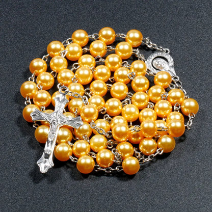 Faux Pearl Rosary Necklace – Virgin Mary & Jesus Cross Pendant Long Bead Chain Religious Fashion Jewelry for Women