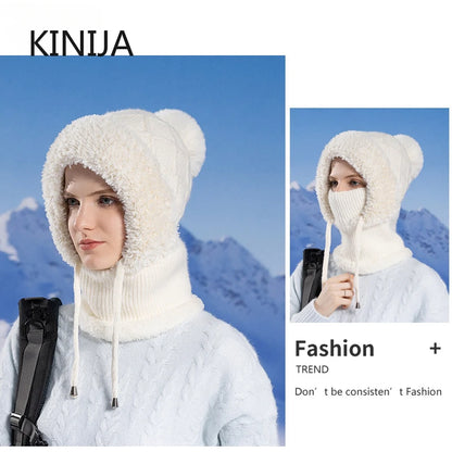 Women's Winter Velvet Knitted Woolen Balaclava - Fluffy Ear Protection Mask with Integrated Neck Warmer, Hooded Cap for Ladies