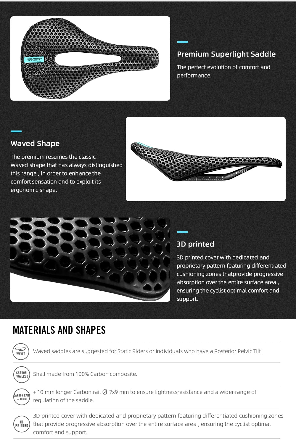 RYET 3D Printed Carbon Bike Saddle — 140/143mm Lightweight Road & MTB Cycling Seat with EVA Cushion