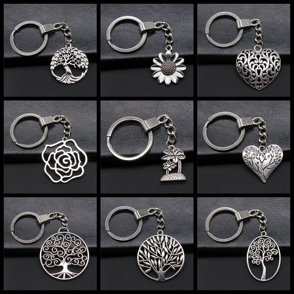 New Fashion Men 30mm Metal Alloy Keychain with Vintage Heart, Flower, Rose, Sunflower & Tree Pendant DIY Keyring Holder Chain Accessory