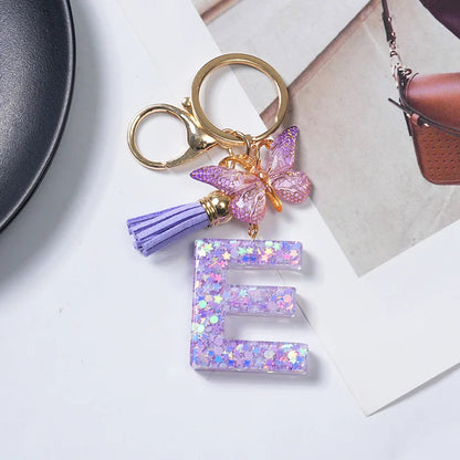 A-Z Initial Letter Sequin Keychain - Purple Butterfly Tassel Resin Keyring Backpack Charm Gift