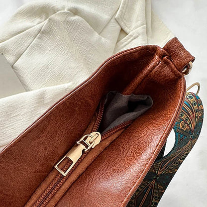 Wide Geometric Strap Shoulder Bag - Large Capacity Crossbody PU Leather Bag for Women, Retro Style for Shopping and Travel