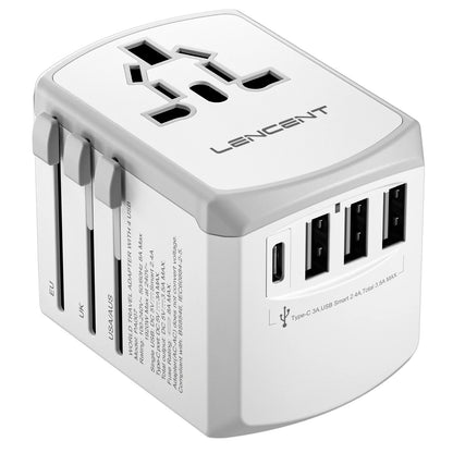 LENCENT International Travel Adapter - All-in-One Wall Charger with 3 USB Ports and 1 Type-C, for US, EU, UK, AUS Travel