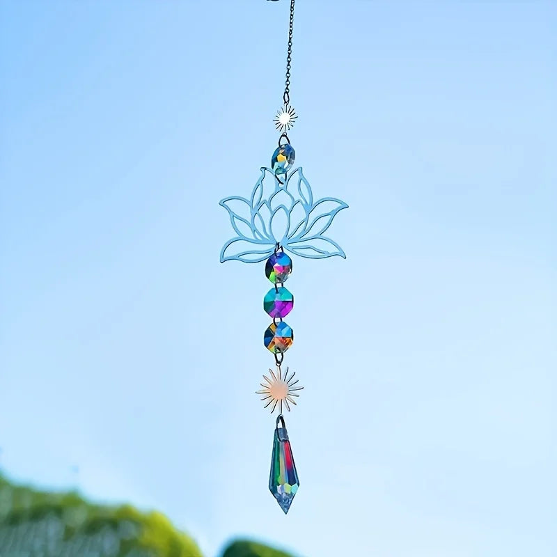 Metal Lotus & Crystal Suncatcher Charm – Handmade Wind Chime Pendant for Home, Garden, and Outdoor Decoration