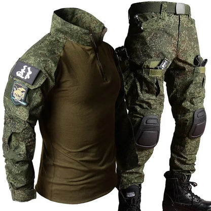 Men’s RU Camo Tactical Outfit Set - 2-Piece Breathable Long Sleeve Shirt and Multi-Pocket Cargo Pants for Outdoor Training and Combat Wear