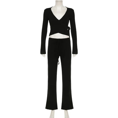 Apprabant Women’s Casual Fashion Set – Drawstring High-Waist Trousers with Plush Loose Pants and Lace-Up Flared Sleeve V-Neck Top