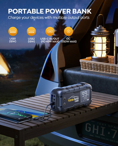 6000A Car Jump Starter - 150W DC Battery Charger with LED Screen 600 Lumens Flashlight Emergency Starting Device