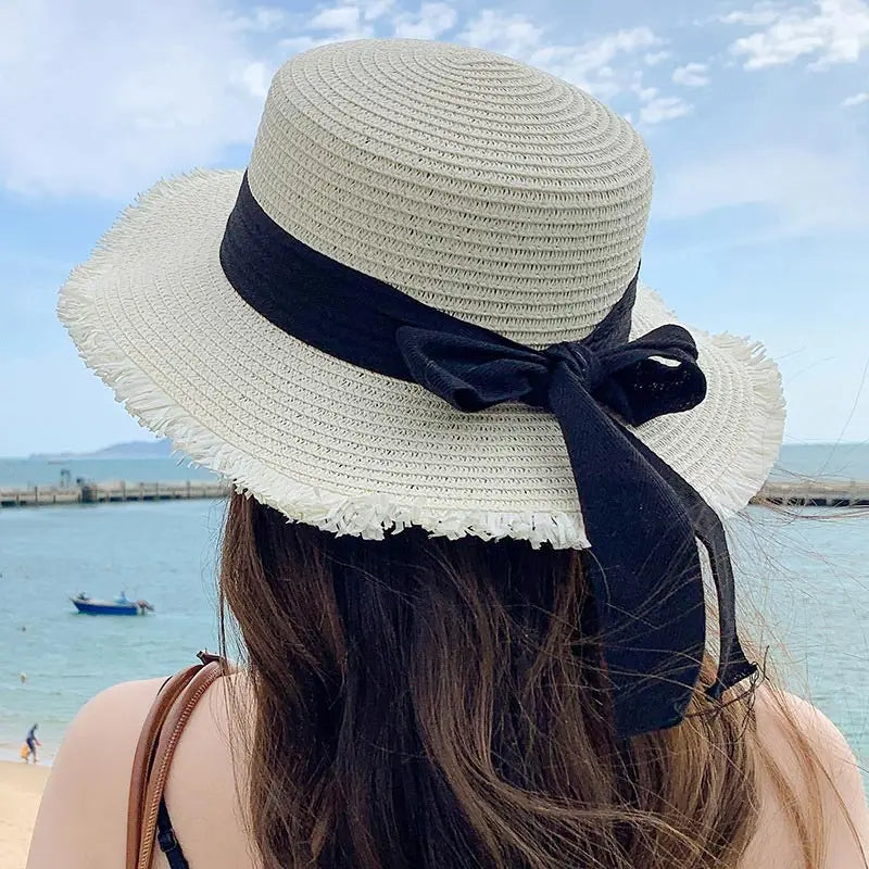 Bow Straw Hat for Women – Wide Brim Sun Visor Cap for Beach, Summer Vacation & Outdoor Sun Protection