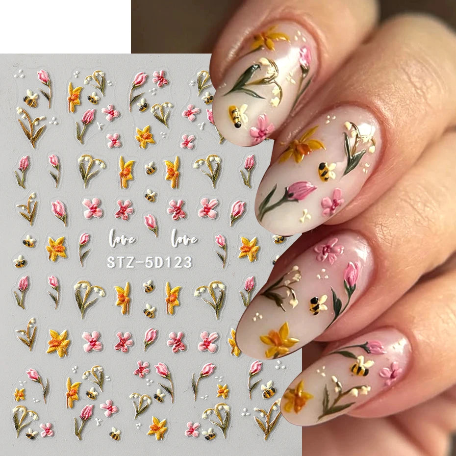 3D Kawaii Ladybug Nail Stickers - Embossed Daisy Flower DIY Decals for Spring, Wedding & Floral Nail Art