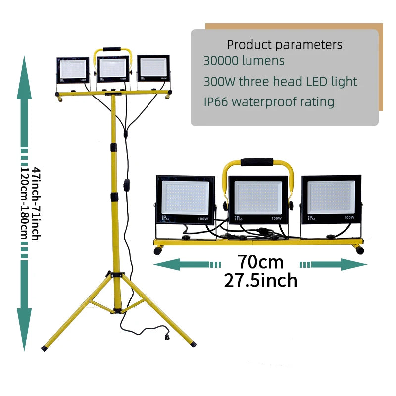 30000 Lumen LED Work Light - 3-Head Portable Flood Light with Stand