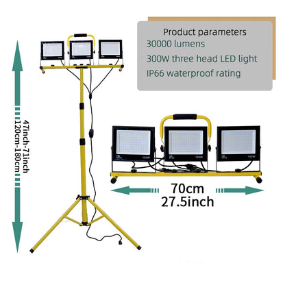 30000 Lumen LED Work Light - 3-Head Portable Flood Light with Stand