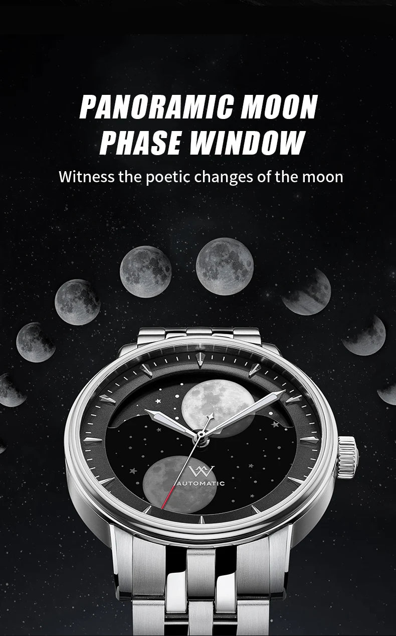 WM Welly Merck Automatic Mechanical Men's Watch — Lunar Moon Phase, Sapphire, Waterproof, Luminous Twin Moons WM142