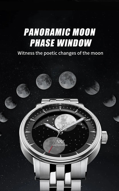 WM Welly Merck Automatic Mechanical Men's Watch — Lunar Moon Phase, Sapphire, Waterproof, Luminous Twin Moons WM142