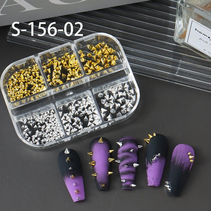 Metallic Rivet Nail Charms - 6-Grid Gold, Silver & Black Punk Spike Studs for Nail Art & DIY Designs