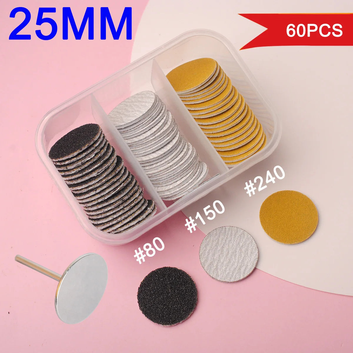 60-Piece Replaceable Sanding Paper Set – 25mm Pink Pedicure Nail Bit with Metal Disk for Foot Care