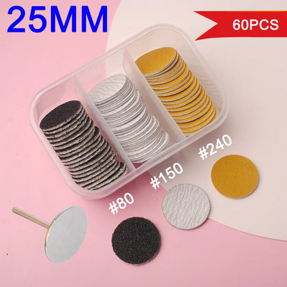 60-Piece Replaceable Sanding Paper Set – 25mm Pink Pedicure Nail Bit with Metal Disk for Foot Care