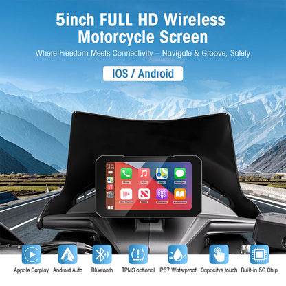 5 Inch Motorcycle CarPlay GPS Navigator - Portable Wireless Android Auto Touchscreen Display