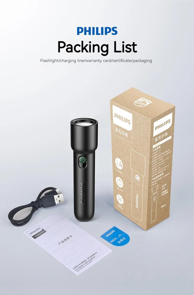 Philips 2025 New EDC Portable Rechargeable LED Flashlight – Self Defense, Camping & Hiking Tool