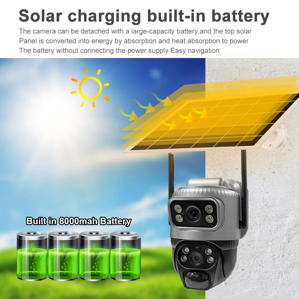 V380 Dual-Lens 4G Security Camera — 8MP 4K Solar IP Cam with PIR Motion Detection, Night Vision, Waterproof, Battery-Powered CCTV Monitor