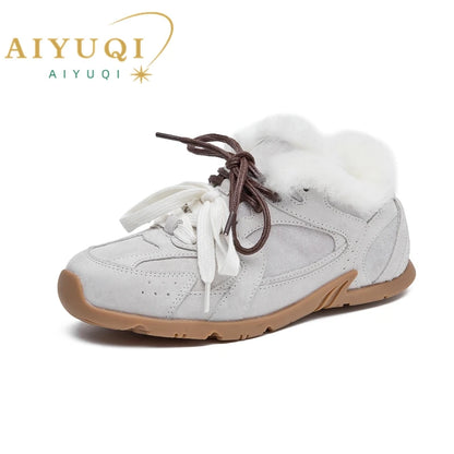 AIYUQI Women's Genuine Leather Sneakers – Retro German Trainers, Winter Velvet Fur, Flat Casual Shoes
