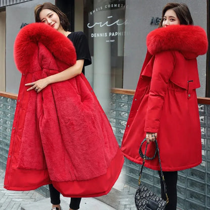 Women's Winter Hooded Parka - Long Padded Coat with Wool Lining & Fur Collar, 6XL