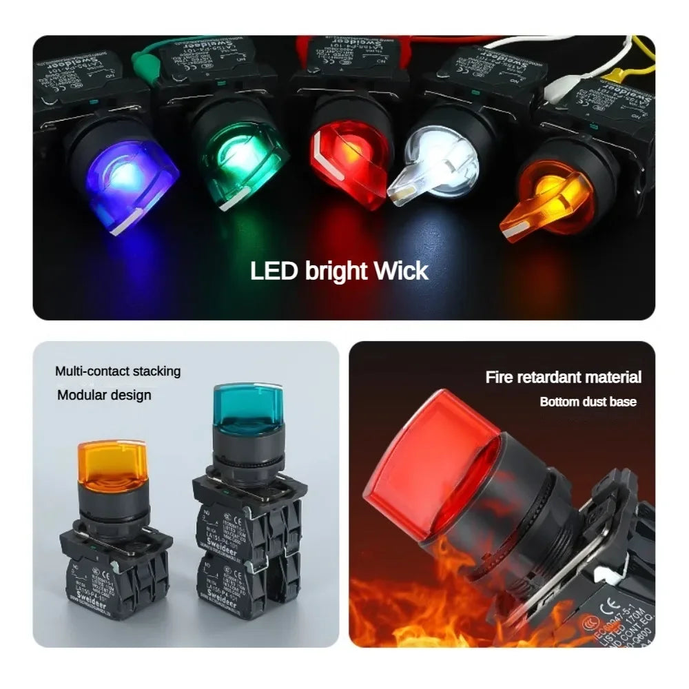XB4 22mm LED Rotary Selector Switch – 1NO/2NO/1NO1NC Self-Locking 2/3 Position Control Knob 12V/24V/220V 10A Red Green Indicator
