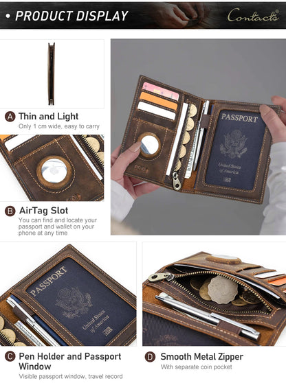 Genuine Cow Leather Passport Holder with AirTag Case – RFID Blocking Travel Wallet with Pen, Card Holder & Anti-Lost Pocket
