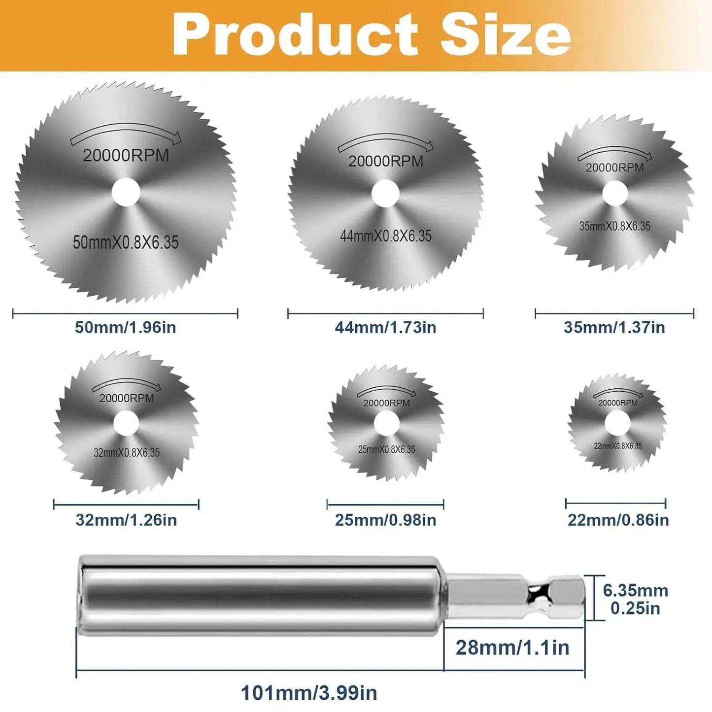 HSS Circular Saw Blade Set - 1/4 Inch Hex Shank Cutting Discs for Rotary Tools, Metal, Wood & Plastic