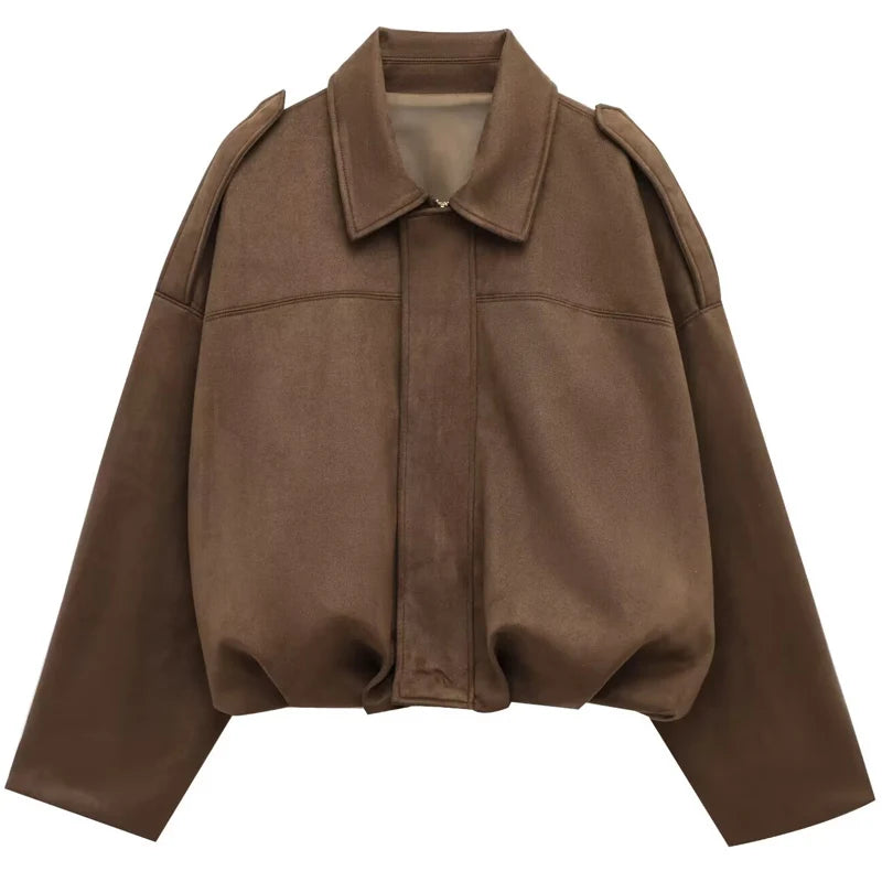 HXAO Women's Oversized Suede Cropped Bomber Jacket – Casual Batwing Sleeve Streetwear Coat