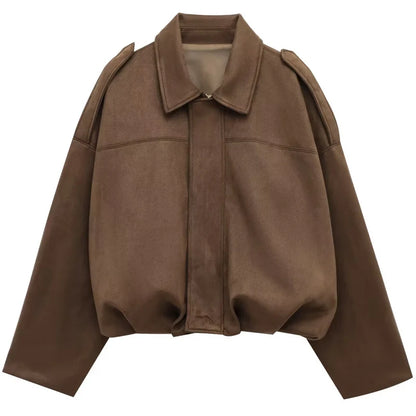 HXAO Women's Oversized Suede Cropped Bomber Jacket – Casual Batwing Sleeve Streetwear Coat