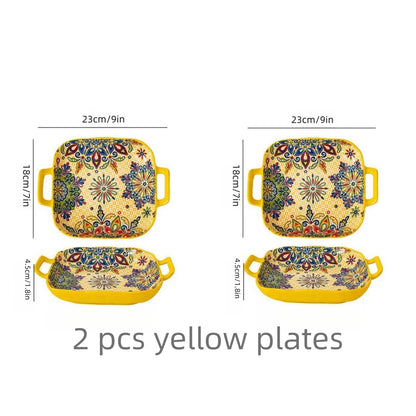 9-Inch Bohemian Style Ceramic Salad Plate with Double Ears — Oven & Microwave Safe Pasta Dish
