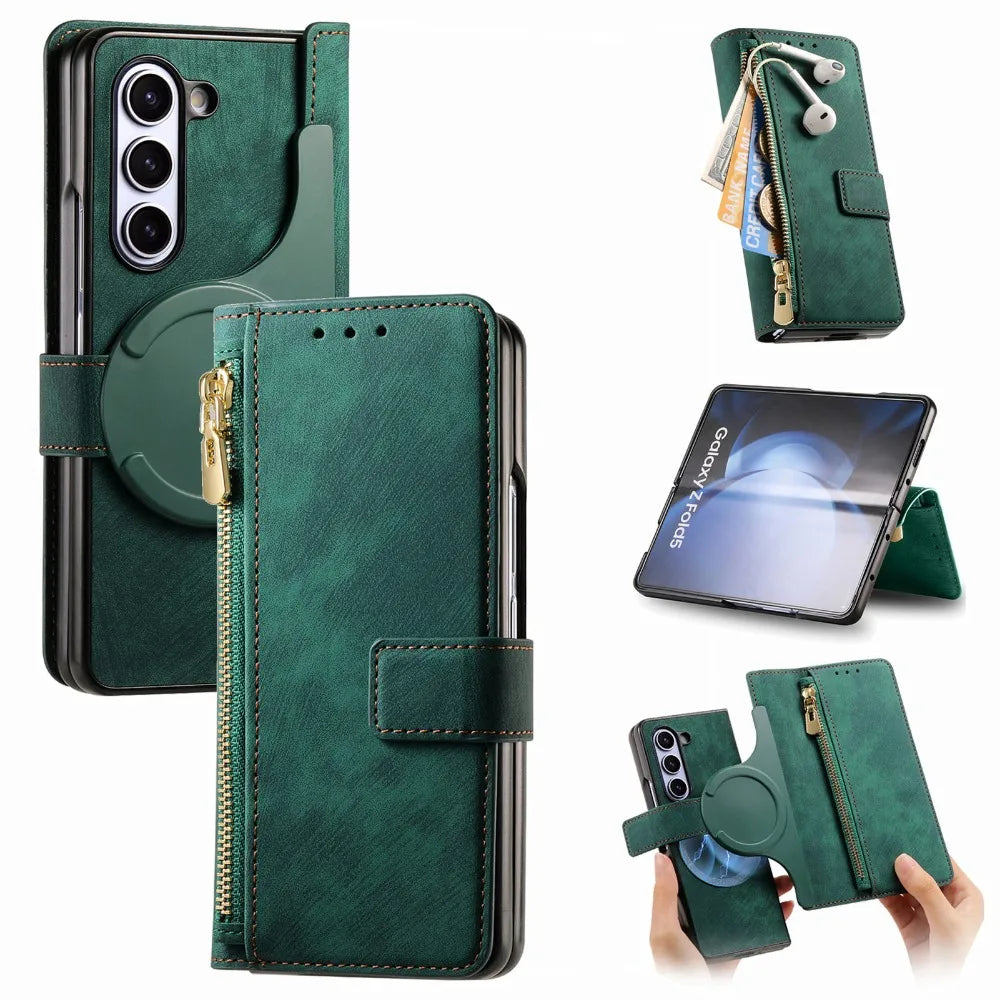 2-in-1 Detachable Leather Wallet Case for Samsung Galaxy Z Fold 6/5/4/3 – Zipper Card Slot Cover 5G Compatible