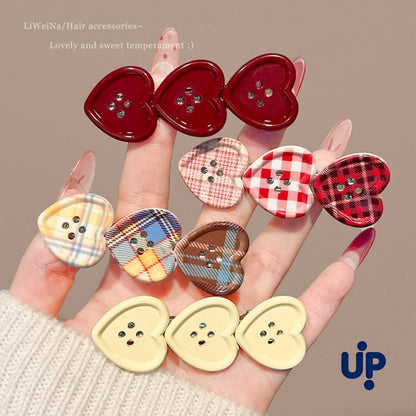 Cute Love Button Hair Clips - Sweet Check Duckbill Side Bangs Clips for Women Girly Hair Accessories