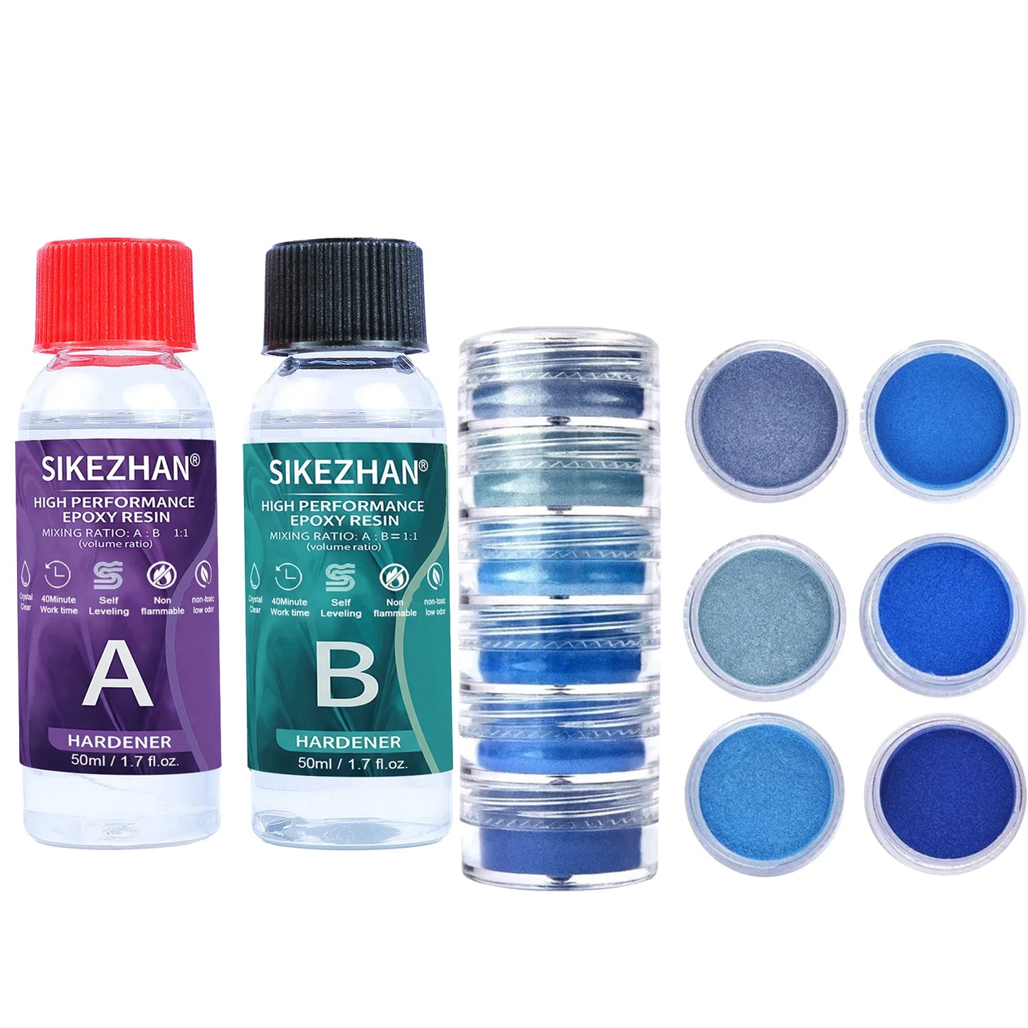Crystal Clear Epoxy Resin Kit - AB Resin Glue with 6 Color Mica Powder for DIY Jewelry, Nail Art, Soap & Crafts