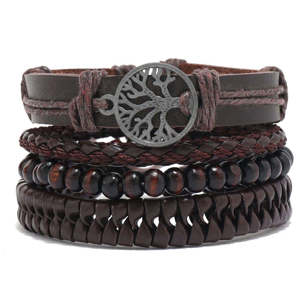 4Pcs Men's Braided Leather Bracelets Set – Vintage Life Tree & Rudder Charms, Wood Beads, Ethnic Tribal Wristbands