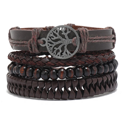4Pcs Men's Braided Leather Bracelets Set – Vintage Life Tree & Rudder Charms, Wood Beads, Ethnic Tribal Wristbands
