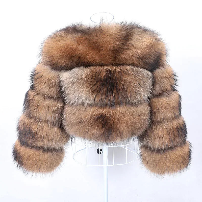 2025 Maomaokong Women’s Real Fur Coat – Natural Raccoon & Fox Fur Jacket with Hood, Warm Winter Outerwear