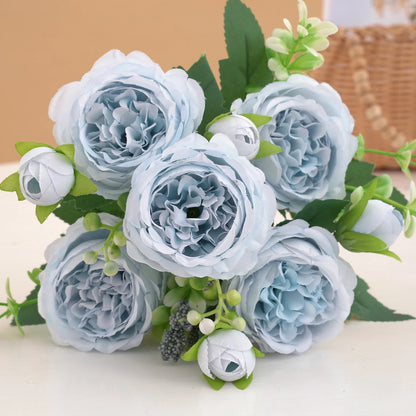 30cm Rose Pink Peony Silk Bouquet Artificial Flower, 5 Big Heads & 4 Small Buds for Wedding & Home Decor