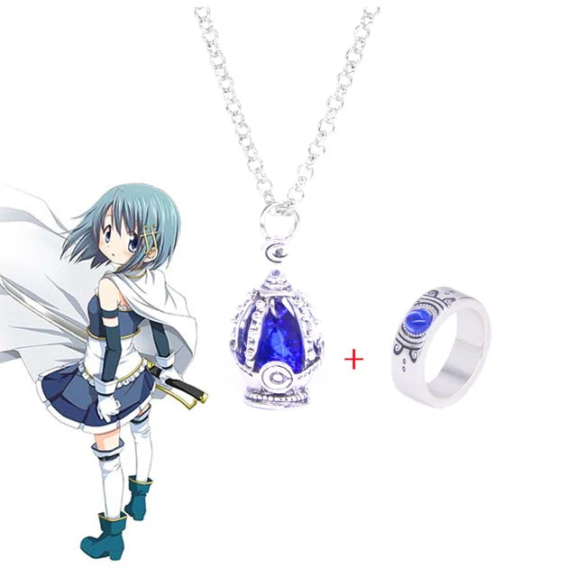 Puella Magi Madoka Magica Soul Gem Jewelry Set - Anime Cosplay Pendant Necklace and Ring Accessories for Kaname Madoka and Miki Sayaka Fans