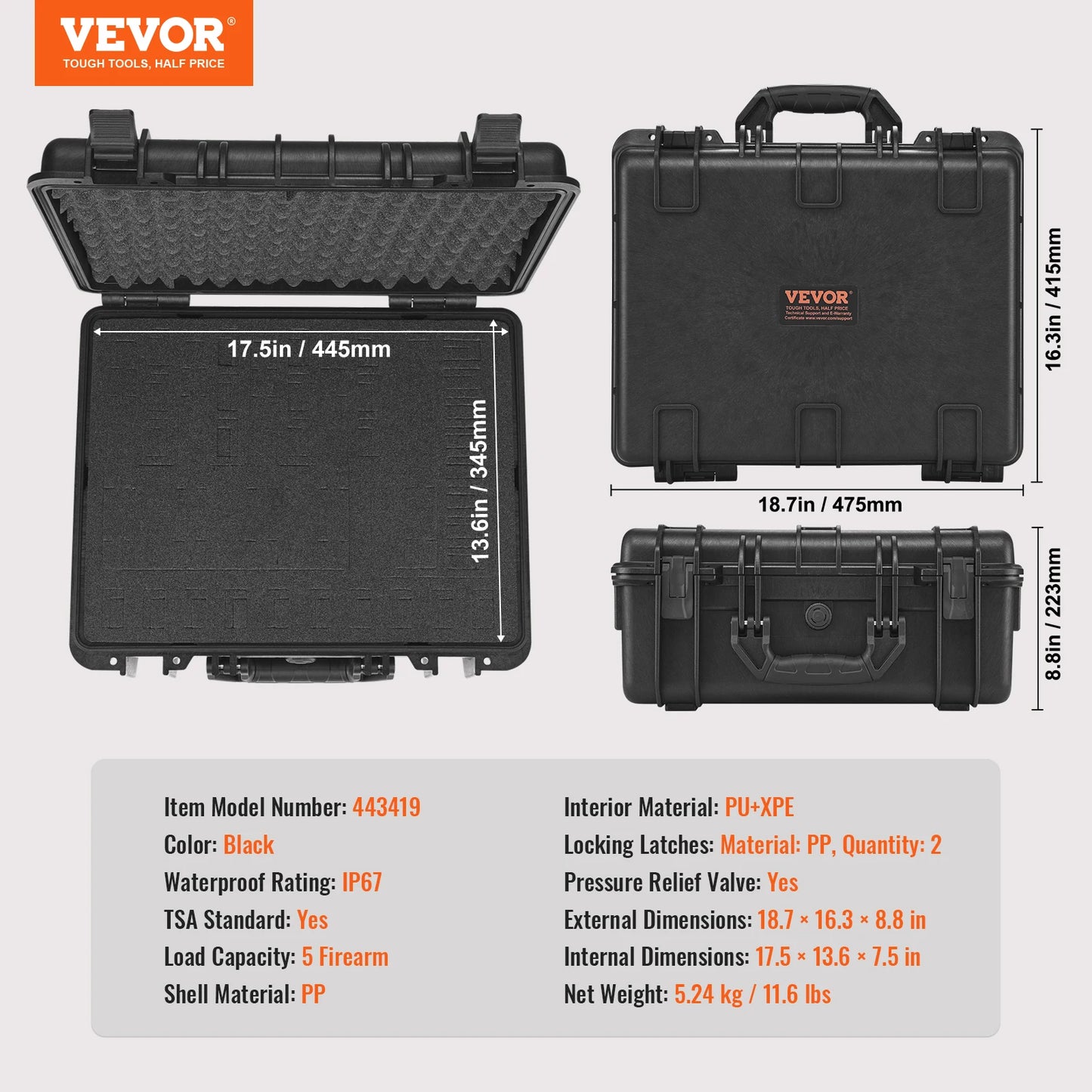 VEVOR Hard Pistol Case — Waterproof Dustproof Lockable Gun Case with Pre-Cut PU Foam for 1/2/5/6 Pistols