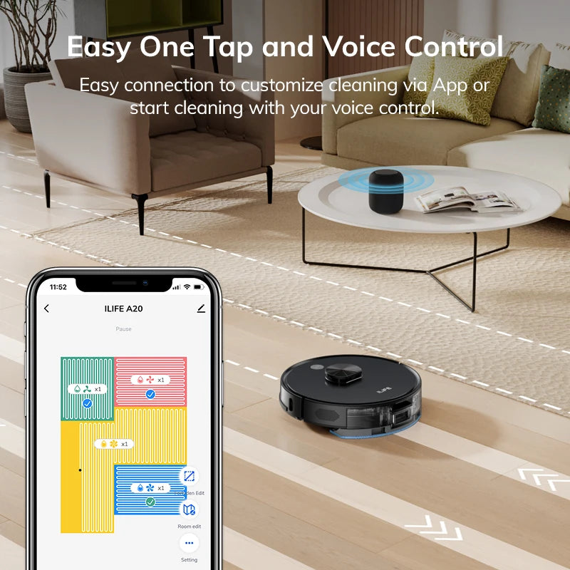 ILIFE A20 Robot Vacuum and Mop Combo – LiDAR Navigation, 3000Pa Suction, Smart Mapping, App/Alexa Control, Ideal for Pet Hair