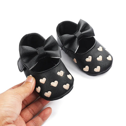 Baby Girls Shoes - Classic Dress Style with Cute Bow-Knot Heart, Anti-Slip Soft Sole First Walkers for Infants 0-18m