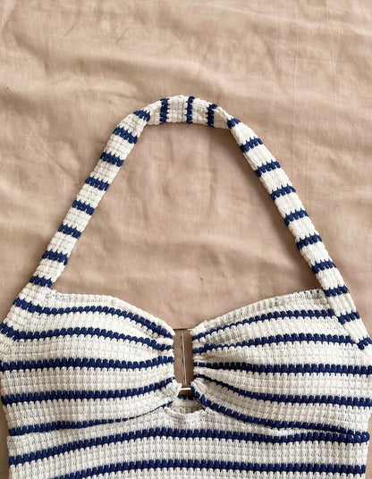 Summer Textured Knit Halter Top & Shorts Set - Classic Nautical Stripe Two-Piece Breathable Outfit