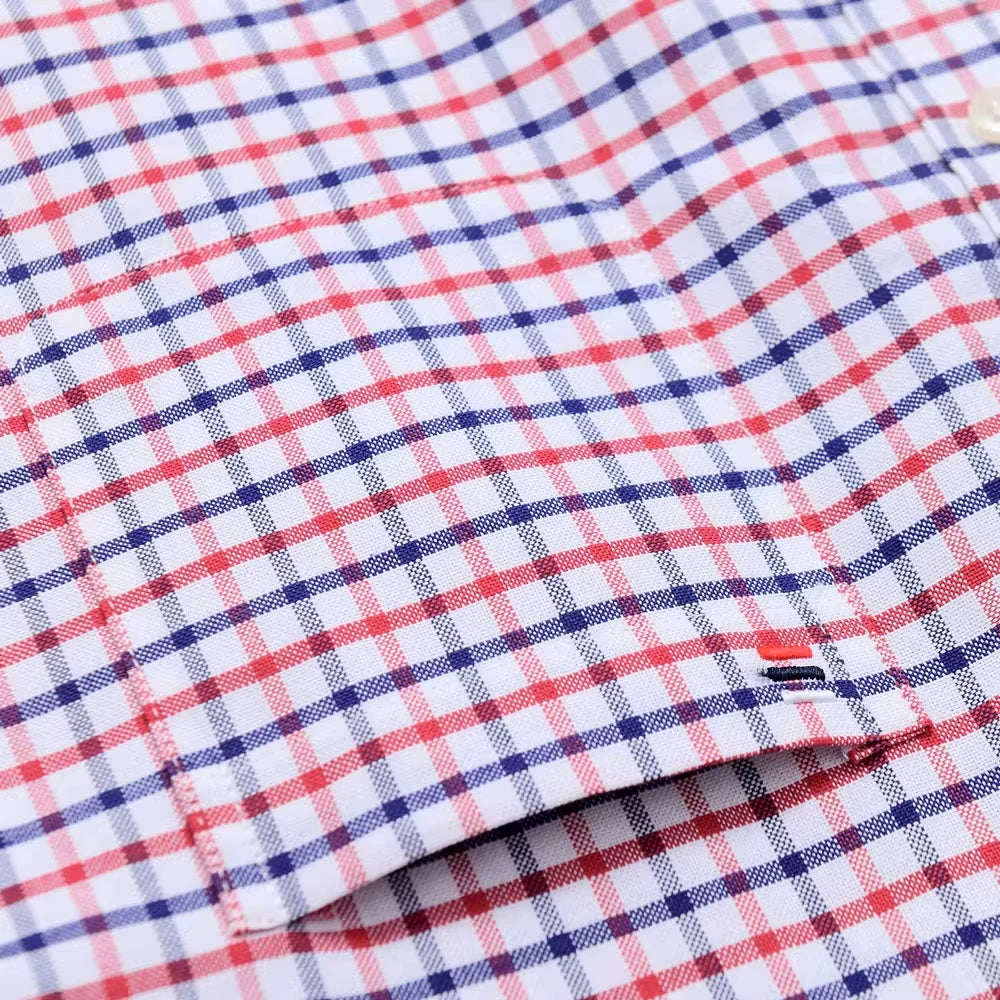 Men’s Checkered Oxford Shirt - Long Sleeve Cotton Button Down Gingham Top with Single Pocket 6XL-7XL